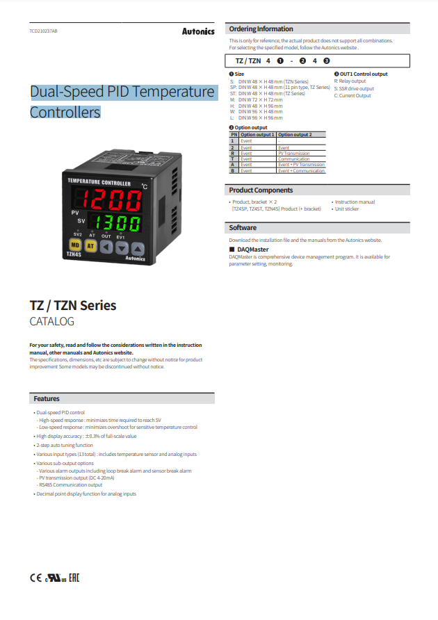 AUTONICS TZ CATALOG TZ/TZN SERIES: DUAL-SPEED PID TEMPERATURE CONTROLLERS